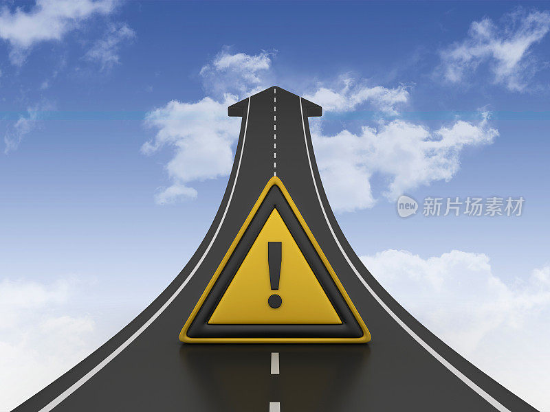 道路箭头与感叹号道路标志- 3D渲染